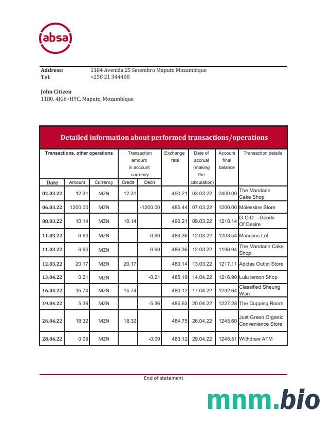 Mozambik Absa wyciąg bankowy Excel i szablon PDF